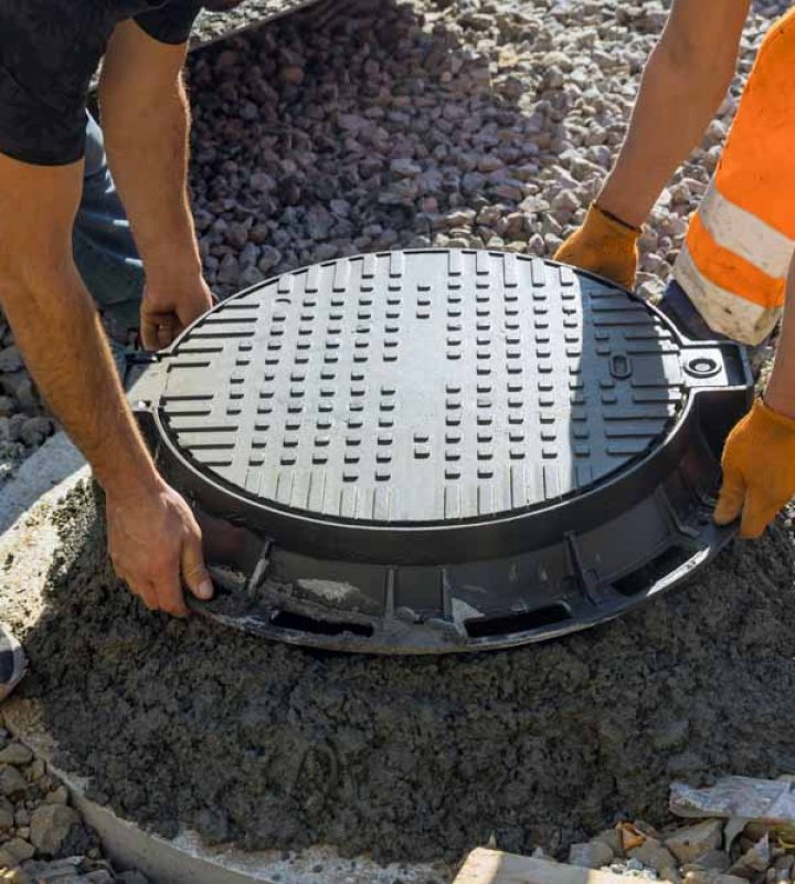 A worker installs a sewer manhole on a septic tank made of concrete rings with construction of sewerage